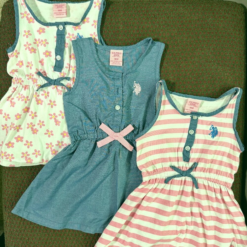 US Polo Assn Girls 18M Lot 3 Sleeveless Skater Dresses Blue Pink Floral